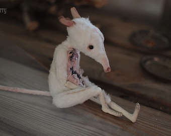 BABY White boy rat by RatBerry. Creepy mouse art doll/Easter Christmad gift. Poseable creature. Miniature mouse figurine. Gothic plushie boy