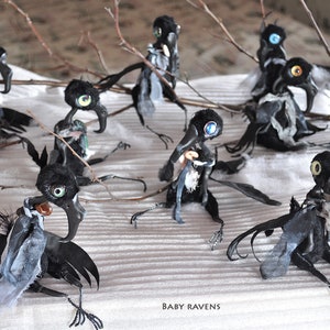 K&ouml;nnte beinhalten: Eine Gruppe von acht schwarzen Rabenfiguren mit wei&szlig;en und blauen Stoffakzenten. Die Raben haben gro&szlig;e, bunte Augen und sind auf einer wei&szlig;en Oberfl&auml;che mit &Auml;sten angeordnet.