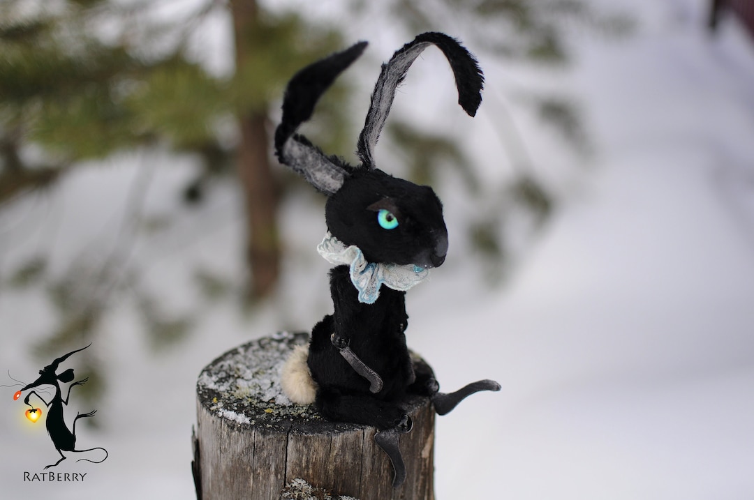 Black Bunny Plush Toy, Poseable Rabbit Doll by Ratberry (7/9