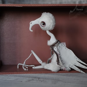 White raven doll by RatBerry. Raven toy. Baby raven. Halloween art doll. BJD doll of crow. Bird figurine.