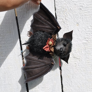 Stuffed black bat, stuffed plush bat toy by RatBerry, cute deep black bat, Halloween gift, personalized dol gift