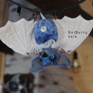 Halloween bat, stuffed plush bat toy by RatBerry, cute blue plushie bat, Halloween gift, blue fluffy bat with white wings