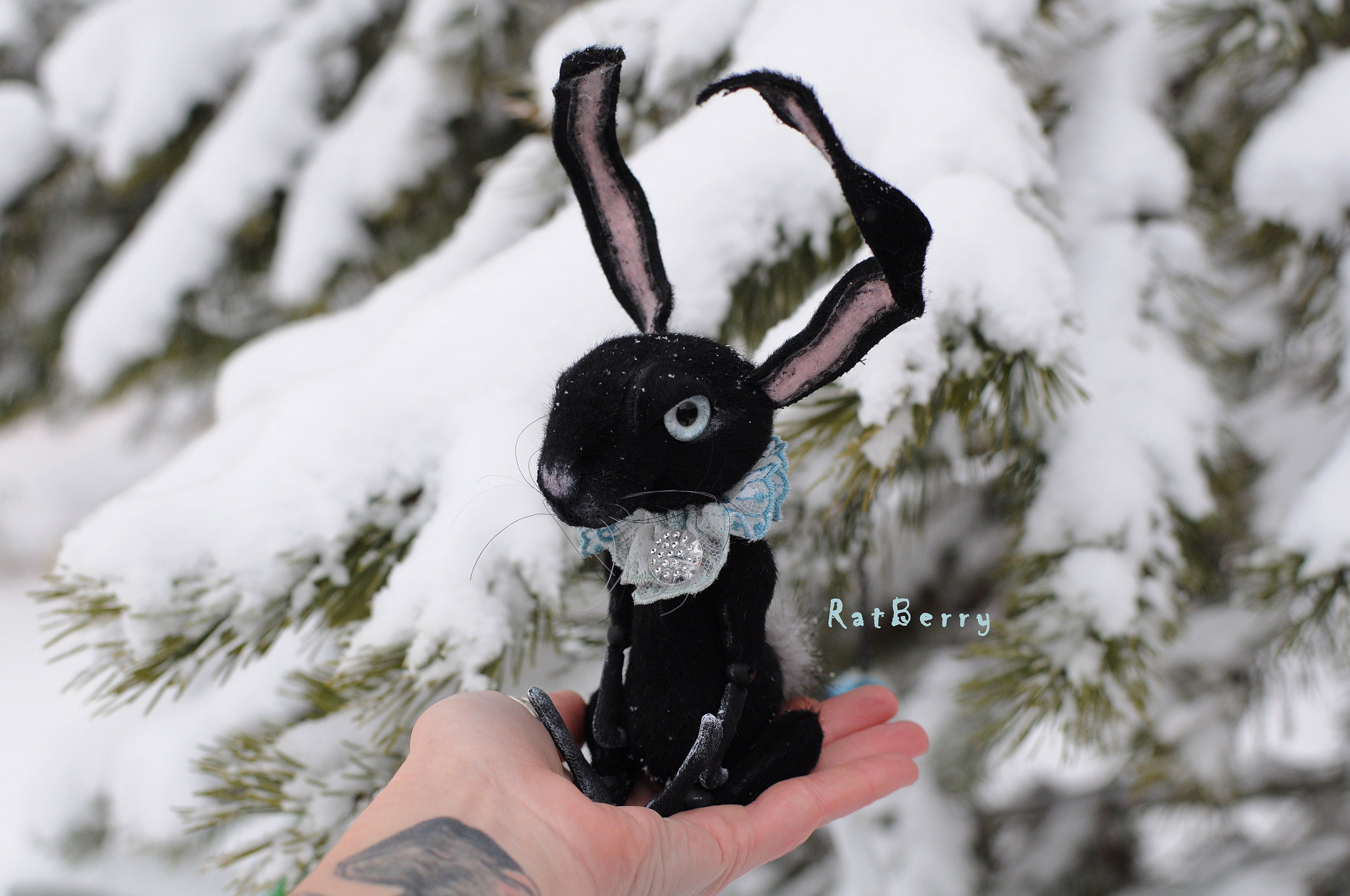 Stuffed Black Rabbit Black Bunny Plush Toy, Poseable Rabbit Doll by Ratberry (7/9