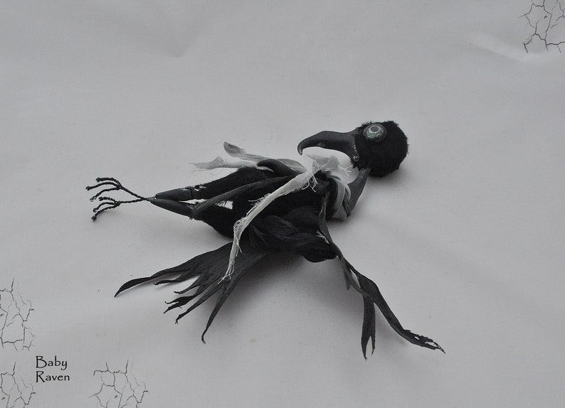 K&ouml;nnte beinhalten: Eine schwarze Rabenfigur mit einem wei&szlig;en Stofffl&uuml;gel, die auf einer wei&szlig;en Oberfl&auml;che liegt. Der Rabe hat ein einzelnes gr&uuml;nes Auge und einen schwarzen Schnabel.