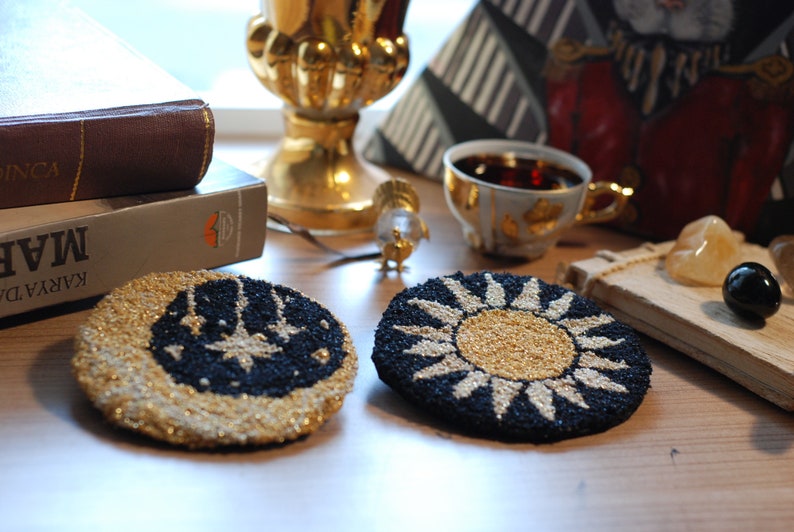Moon Rug Coaster 2 Set of , Needle Punch Sun&moon Coaster, Mini Rug Table Decoration ...