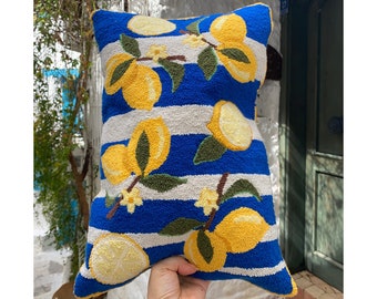 Hand Tufted Lemon pattern Pillow Cover, Punch Needle ,Decorative Embroidered Cushion Cover, Fun Home Decor Rug, Colorful decoration