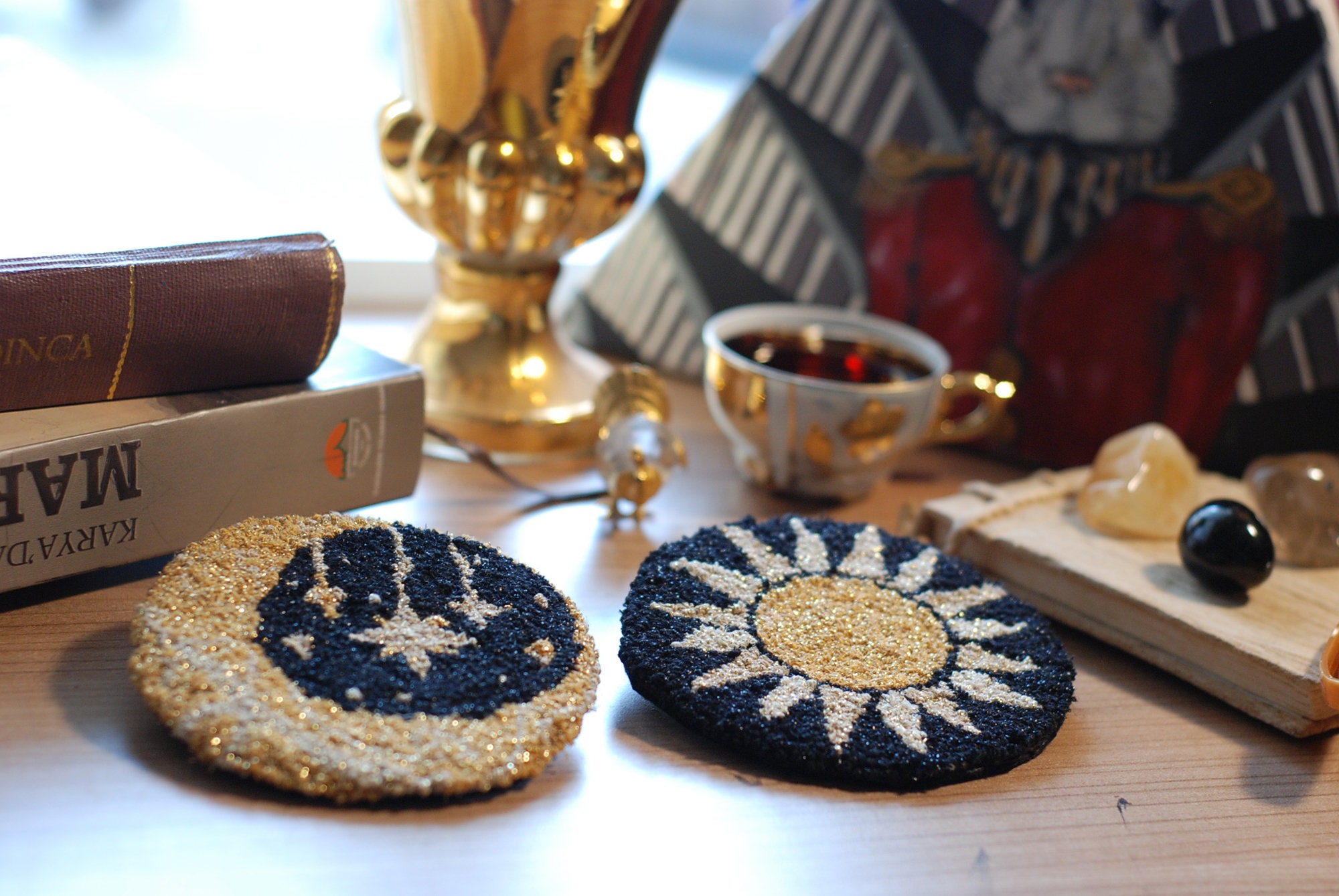 Moon Rug Coaster 2 Set of , Needle Punch Sun&moon Coaster, Mini Rug Table Decoration ...