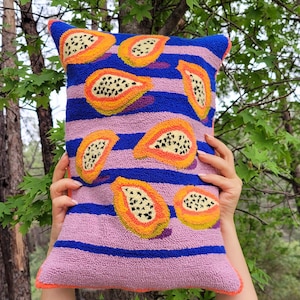 Hand Tufted papaya pattern Pillow Cover, Punch Needle ,Decorative Embroidered Cushion Cover,Fun Home Decor Rug,Neon color decoration