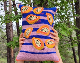 Hand Tufted papaya pattern Pillow Cover, Punch Needle ,Decorative Embroidered Cushion Cover,Fun Home Decor Rug,Neon color decoration