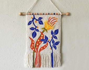 Hand tufted rug wallhanging, Needle punch, floral pattern neon color