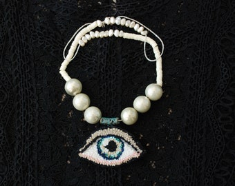 Hand tufted  Evil eye pearl necklace, bohemian needle punch