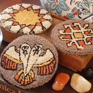 Needle punch traditional pattern coaster, 3 sets of handmade mini rug art