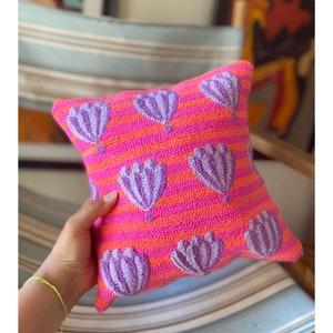 Hand Tufted Neon oyster Design Pillow Cover, Punch Needle, Decorative Embroidered Cushion Cover, Fun Home Decor Rug, Neon color decoration