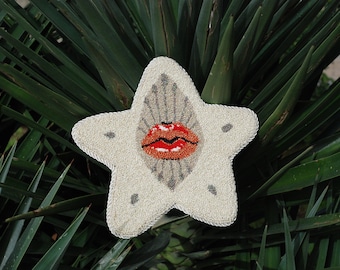 Needle punch wallhanging, red lip pattern, christmas tree topper, shiny wall or table dcoration