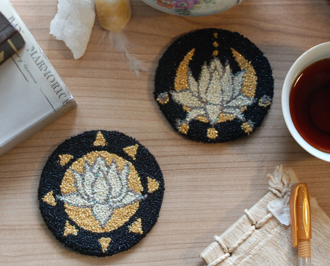 Moon Rug Coaster Set of 2, Sun and Moon Lotus Coaster, Needle Punch Coaster, Mini Rug ...
