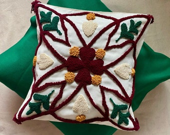 Hand Tufted autumn color ethnic Design Pillow Cover, Punch Needle, Decorative Embroidered Cushion Cover, Fun Home Decor Rug