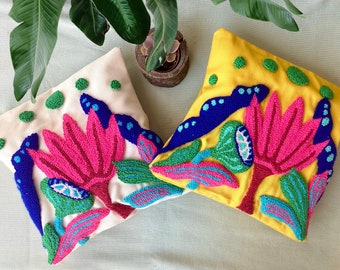 Hand Tufted Neon floral Design Pillow Cover, Punch Needle, Decorative Embroidered Cushion Cover, Fun Home Decor Rug, Neon color decoration