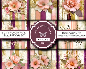 Digital Paper • 9 Designs • SIMB Berry Peachy Paper Collection 03 • Designer Paper • Junk Journals • Scrapbooking • Journals