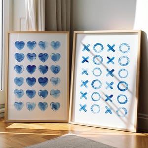 Blue Abstract Wall Art Set of 2 : Minimalist Modern Printable Decor, Watercolor Heart & XO (Digital Download)