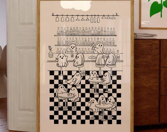 Retro Halloween Ghost Bar Print: Spooky Cocktail Art (Digital Download)