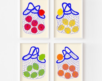 Fruit Market Wall Art Set of 4, Kitchen Fruit Prints (Digital Download)
