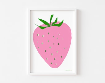 Strawberry Kitchen Wall Art Printable, Pink Fruit Illustration, Minimalist Food Art (Digital Download)