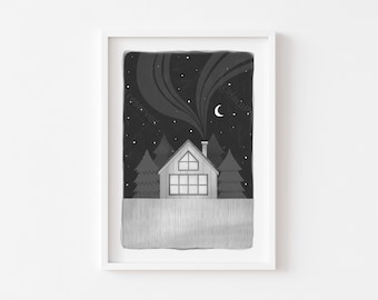 Cabin at Night Print: Abstract Boho Wall Art (Digital Download)