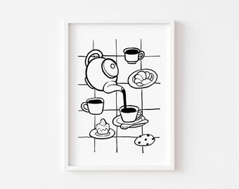 Tea Time Line Art Print: Minimalist Kitchen Decor (Digital Download)