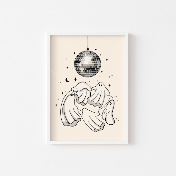 Disco Ghost Print ,Matisse Dance Party Print, Disco Halloween Wall Art, Ivory Print, DIGITAL DOWNLOAD, Cute Ghost,Disco Ball, Dance Lover