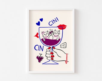 Cin Cin Cat Wine Print: Trendy Kitchen Art (Digital Download)