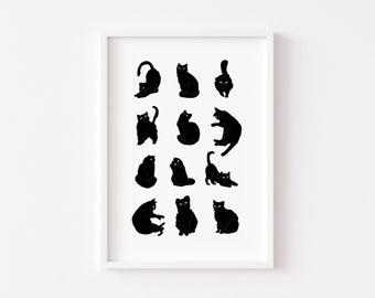 Printable Black Cat Wall Art, Minimal Cat Wall Art,Cat Digital Printable Wall Art, Minimalist Wall Art,Cat Lover Gift,Abstract Cat Art Print