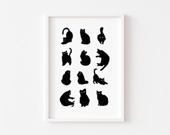 Black Cat Art Print: Minimalist Cat Lover Gift (Digital Download)