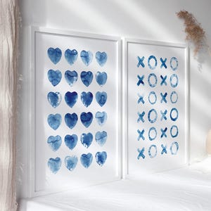 Blue Watercolor Heart & XO Art Prints: Minimalist Set of 2 (Digital Download)