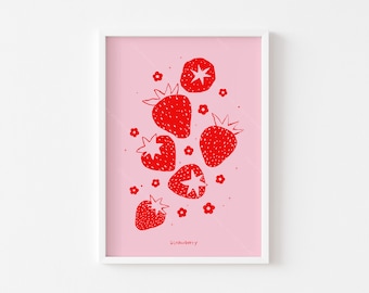 Strawberry Print: Pink Kitchen Wall Art (Digital Download)