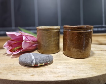 Vintage pair of stoneware small jam pots vintage marmalade jars display prop flower pot antique stunning bottles wedding tall jar