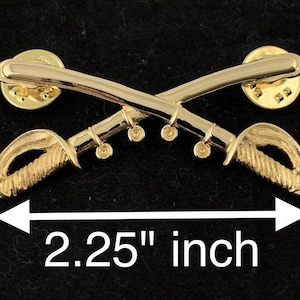 US Army Cavalry Gold Crossed Sabers Hat Pin, Cav Branch Military Insignia, Large 2-1/4”