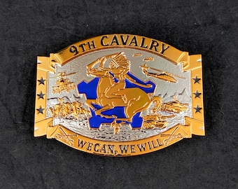 US Army 9th Cavalry Unit Crest DUI Insignia, Silver & Gold Tone Belt Buckle