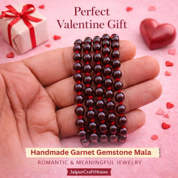 Garnet Gemstone Mala: Hand Knotted 108 Beads, Japa Prayer Beads with Tassel