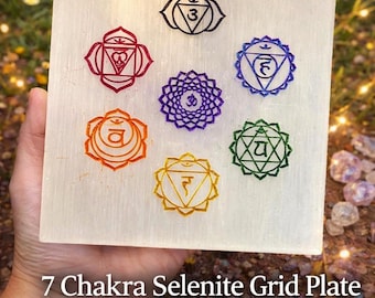 Oplaadplaat seleniet 7 chakra's, gegraveerde genezingsplaat voor meditatie