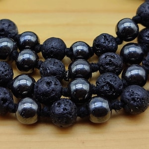 Lava, Hematite 108 Handknotted Beads Mala | Mix Gemstone Gemstone Prayer Beads  |  Throat Chakra Healing Mala | Japamala | Yoga Mala Beads