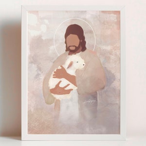 Jesus and White Lamb; Shepherd modern LDS art print, minimalist home decor, painting of Jesus Christ