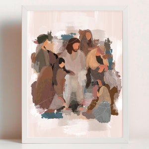 Christ And The Children modern LDS art print, minimalist home decor, painting of Jesus Christ