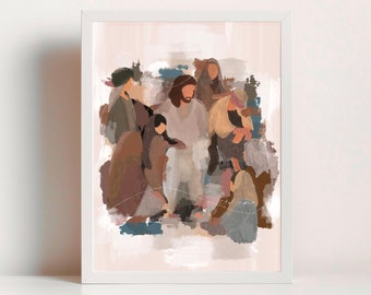 Christ And The Children modern LDS art print, minimalist home decor, painting of Jesus Christ
