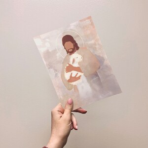 DIGITAL DOWNLOAD: Jesus and White Lamb, Shepherd modern LDS art print, painting of Jesus Christ