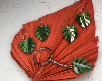 Monstera Leaf, Green, Variegated Plant, Drop Earrings, POLYMER CLAY