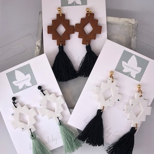 Aztec style, Cut-out Earrings with Long Tassels, & Ball Stud, POLYMER CLAY EARRINGS