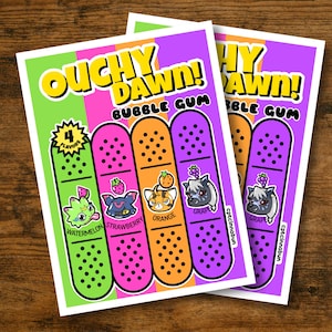 May include: Two rectangular stickers titled OUCHY DAWN! BUBBLE GUM featuring four vertical bandage-shaped designs in green, pink, orange, and purple. Each section displays a cartoon character and fruit icon labelled Watermelon, Strawberry, Orange, and Grape.