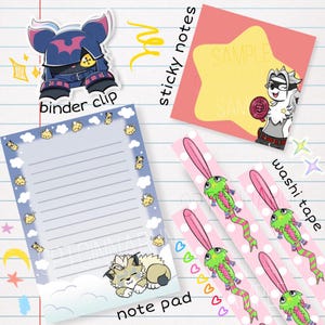 May include: Stationery set featuring a binder clip, sticky notes, washi tape, and a notepad. The binder clip showcases a dark blue character with a red bat symbol. The notepad has a blue border with a sleeping cartoon character.