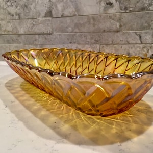 1970s Carnival Glass, Iridescent Indiana Glass Co., Oval Indiana Glass Bowl Basketweave Pattern. Collector Carnival Glass Dish,Wedding Gift image 1