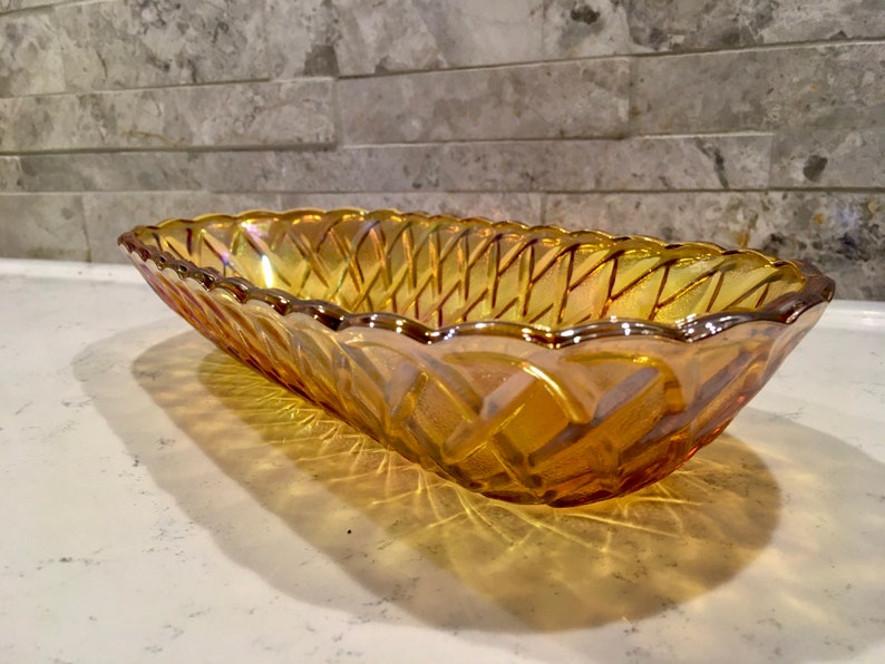 1970s Carnival Glass, Iridescent Indiana Glass Co., Oval Indiana Glass Bowl Basketweave Pattern. Collector Carnival Glass Dish,Wedding Gift image 1